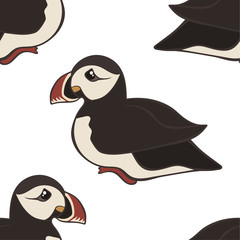 Vector seamless pattern with hand drawn atlantic puffins isolated on white background. Funny puffin character, beautiful design elements. Cute cartoon Icelandic puffin bird. Design for print or web.