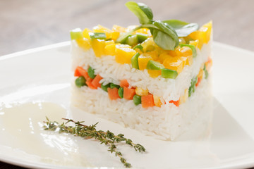 Vegetarian food, rice salad with vegetables, healthy meals