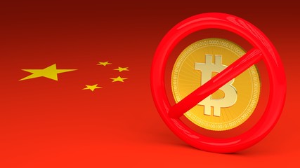 Prohibitive sign with a bitcoin inside on a Chinese flag