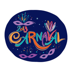 Carnaval. Hand drawn bright colorful vector inscription with Masquerade Masks on a dark background. Invitation card.
