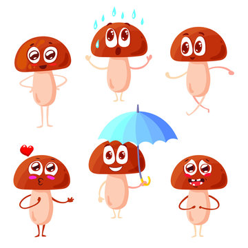 Set of funny emotional mushrooms. Vector illustration isolated on white background. Emoji set