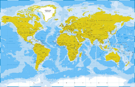 Political Physical Topographic Colored World Map Vector
