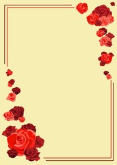  yellow background with an ornament of red roses, postcard