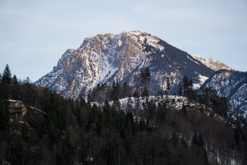 Rugged mountain top in the Austrian Alps with forest covering its foothills