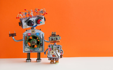 Creative design Robotic family. Big robot electrical wire hairstyle, plug arm. Small kid cyborg...