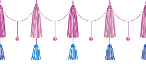 Vector Fun Pink Decorative Long Tassels Set Horizontal Seamless Repeat Border Pattern. Great for handmade cards, invitations, wallpaper, packaging, nursery designs.