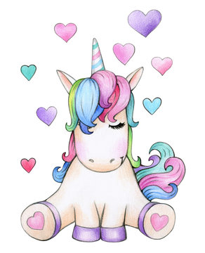  Cute sitting unicorn cartoon with hearts, isolated on white.