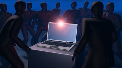 Criminal activity, cyber hackers. 3d render with men surrounding laptop