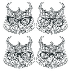 Ornament set of face of fashion owl with style eyeglasses, vector illustration isolated on white background, monochrome version, coloring book, line art style