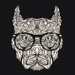 Ornament face of dog with fashion eyeglasses, black and white version, vector illustration isolated on dark background