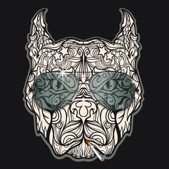 Fashion ornament face of pitbull dog with aviator sunglasses and cigarette, vector illustration isolated on black background