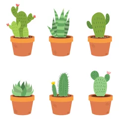 Selbstklebende Fototapete Kaktus im Topf Set Sammlung von sechs verschiedenen Illustrationen von Kakteen und Sukkulenten in Töpfen