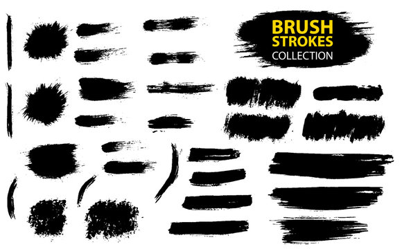 Set of black paint, ink, grunge, dirty brush strokes. 