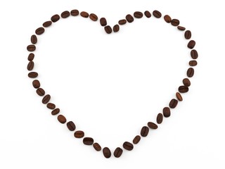 3D render. Coffee beans laid in the shape of a heart. Isolated on white background