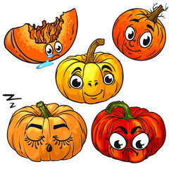 Vector characters of pumpkins. Isolated on white background. Cartoon style. Different emotions