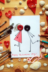 Fototapeta na wymiar children's card with a loving couple who is kissing. Valentine's Day