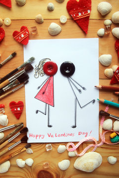children's card with a loving couple who is kissing. Valentine's Day