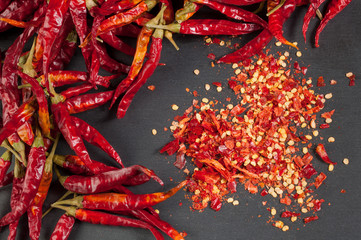 Dried red chile pepper with ground on a dark background