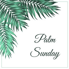 Fototapeta na wymiar Palm Sunday Christian feast holiday. Tropical jungle tree palm green leaves corner frame decoration. Text placeholder. White background. Vector design illustration.