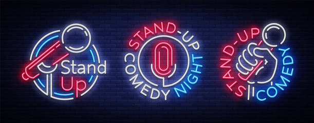 Stand Up Comedy Show is a collection of neon signage. Collection of neon logos, a symbol, a bright light banner, a neon-style poster, bright night-time advertising Stand up the show. Vector