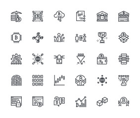 Set of thin line cryptocurrency icons. Premium quality outline symbol collection of blockchain technology, bitcoin, altcoins, mining, finance, digital money market, cryptocoin wallet, stock exchange.