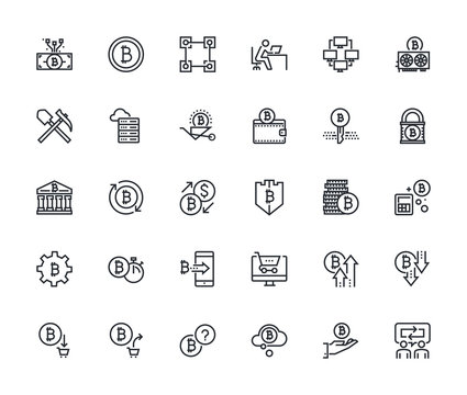 Set of thin line cryptocurrency icons. Premium quality outline symbol collection of blockchain technology, bitcoin, altcoins, mining, finance, digital money market, cryptocoin wallet, stock exchange.