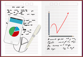 Fototapeta premium Notebook paper, With drawing business strategy plan concept idea, Mobile phone news template on screen, Vector illustration