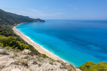 Fototapeta na wymiar Panoramic view of Kokkinos Vrachos Beach with blue waters, Lefkada, Ionian Islands, Greece