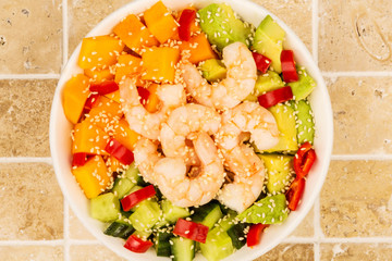 Hawaiian Shrimp or Prawn Poke Bowl With Sweet Potatoes Avocado And Cucumber