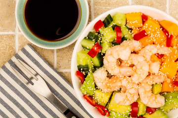 Hawaiian Shrimp or Prawn Poke Bowl With Sweet Potatoes Avocado And Cucumber