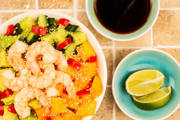 Hawaiian Shrimp or Prawn Poke Bowl With Sweet Potatoes Avocado And Cucumber