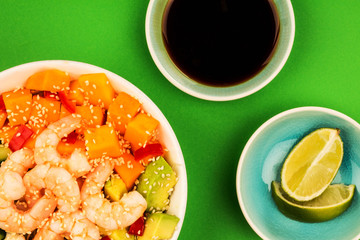 Hawaiian Shrimp or Prawn Poke Bowl With Sweet Potatoes Avocado And Cucumber
