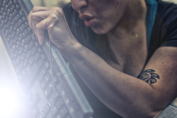 A young girl in the workplace. Working process. Decorator.