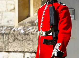 Guard uniform details, London, UK. British Guards in red uniforms are among the most famous in the...