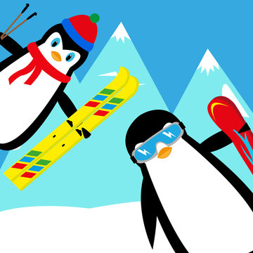 cartoon penguins snowboarder and skier