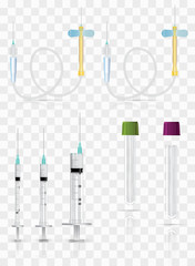Realistic medical supplies. For blood collection set, for short term, laboratory test-tubes and syringes. Vector illustration on transparent background.