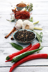 Spices and herbs on white background. Food and cuisine ingredients.
