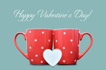 Happy Valentines Day card with two mugs and wooden heart decoration