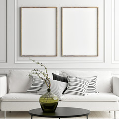 Posters mock up in Scandinavian interior with white sofa, 3d render, 3d illustration © nikolarakic