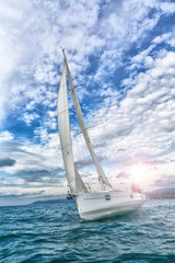 sailboat at sunset in navigation, sail boat