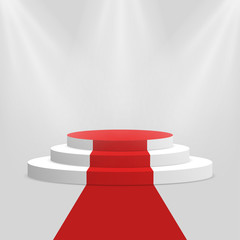Red carpet and podium. White round pedestal with stairs isolated on background. Stage for winners and award ceremony