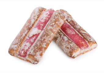 Pair of gingerbreads with cherry jam, cookies isolated on a white background