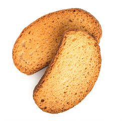 Pair of crispy rusks isolated on white background, close up, top view.