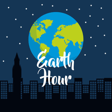 earth hour world globe silhouette of city at night starry vector illustration