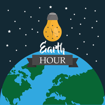 earth hour light bulb environment world map stars vector illustration