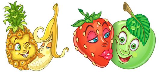 Cartoon Fruits in Love. Lovely kiss. Emoticons. Smiley. Emoji. Design element for Valentines Day greeting card, kids coloring book, colouring page, t-shirt print, icon, logo, label, patch, sticker.