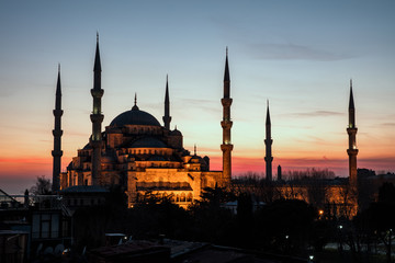 Naklejka premium Istanbul, Turkey. Sultan Ahmet Camii named Blue Mosque turkish islamic landmark with six minarets, main attraction of the city.