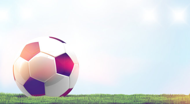 ball soccer football 3d rendering at green grass and light blue sky