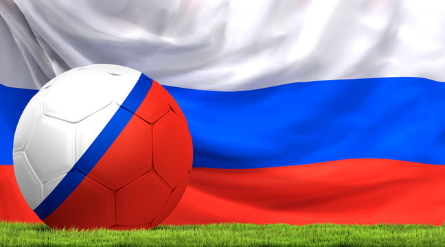 Russia russian ball soccer football 3d rendering with russian flag and green grass