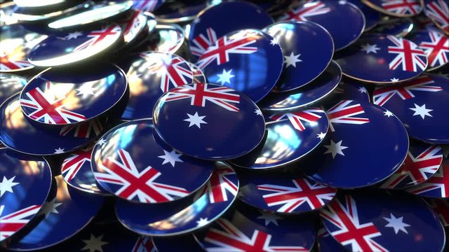 Pile of badges featuring flags of Australia